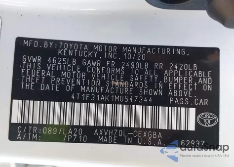 2021 Toyota Camry Xle Hybrid from USA, damaged, VIN 4T1F31AK1MU547344